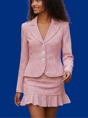 Pink and white stripe seersucker jacket and skirt set. Sz. 9